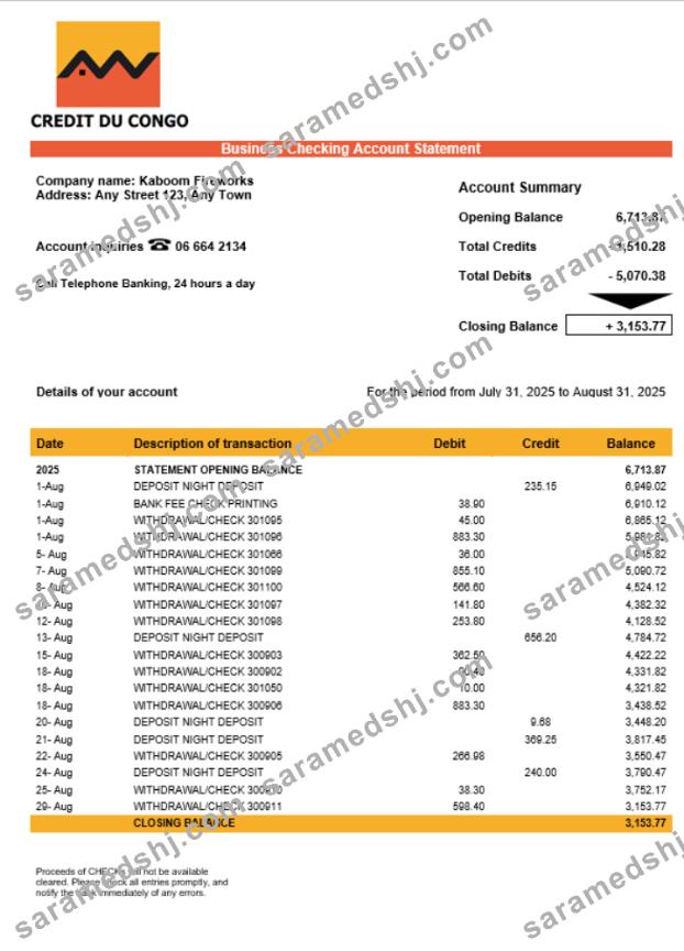 Congo Credit du Congo bank business account statement Word and PDF template